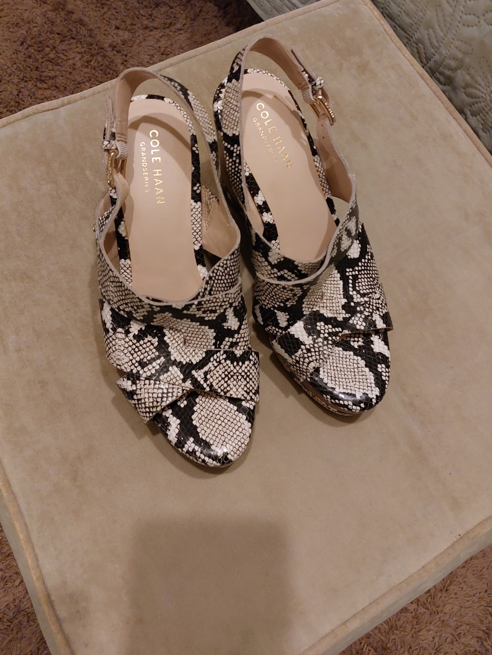 Cole Haan GrandSeries Black and White Snake-Print Wedge Slingbacks